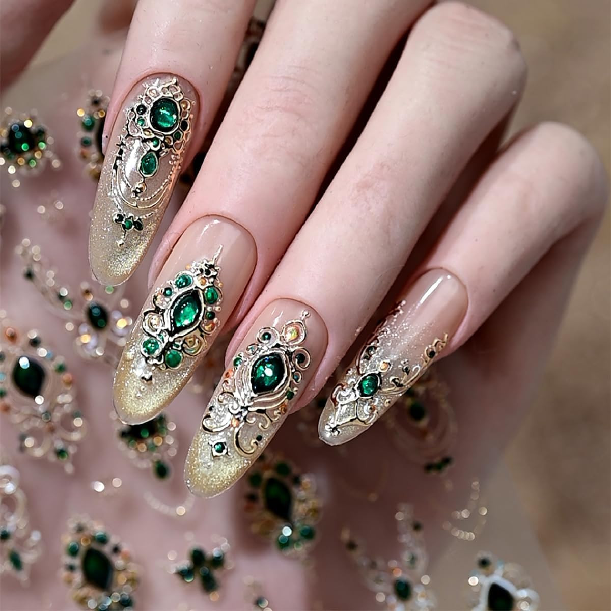 Gold Nail Art Stickers 5D Embossed Green Gem Nail Stickers Luxury Self Style-31