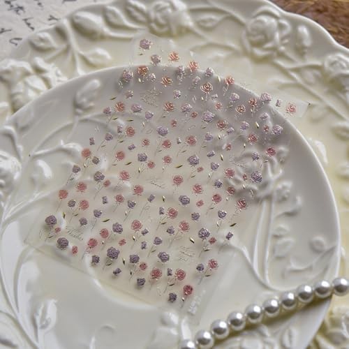 Flower Nail Stickers Rose Nail Art Decals with Gold Design 5D Embossed Color03