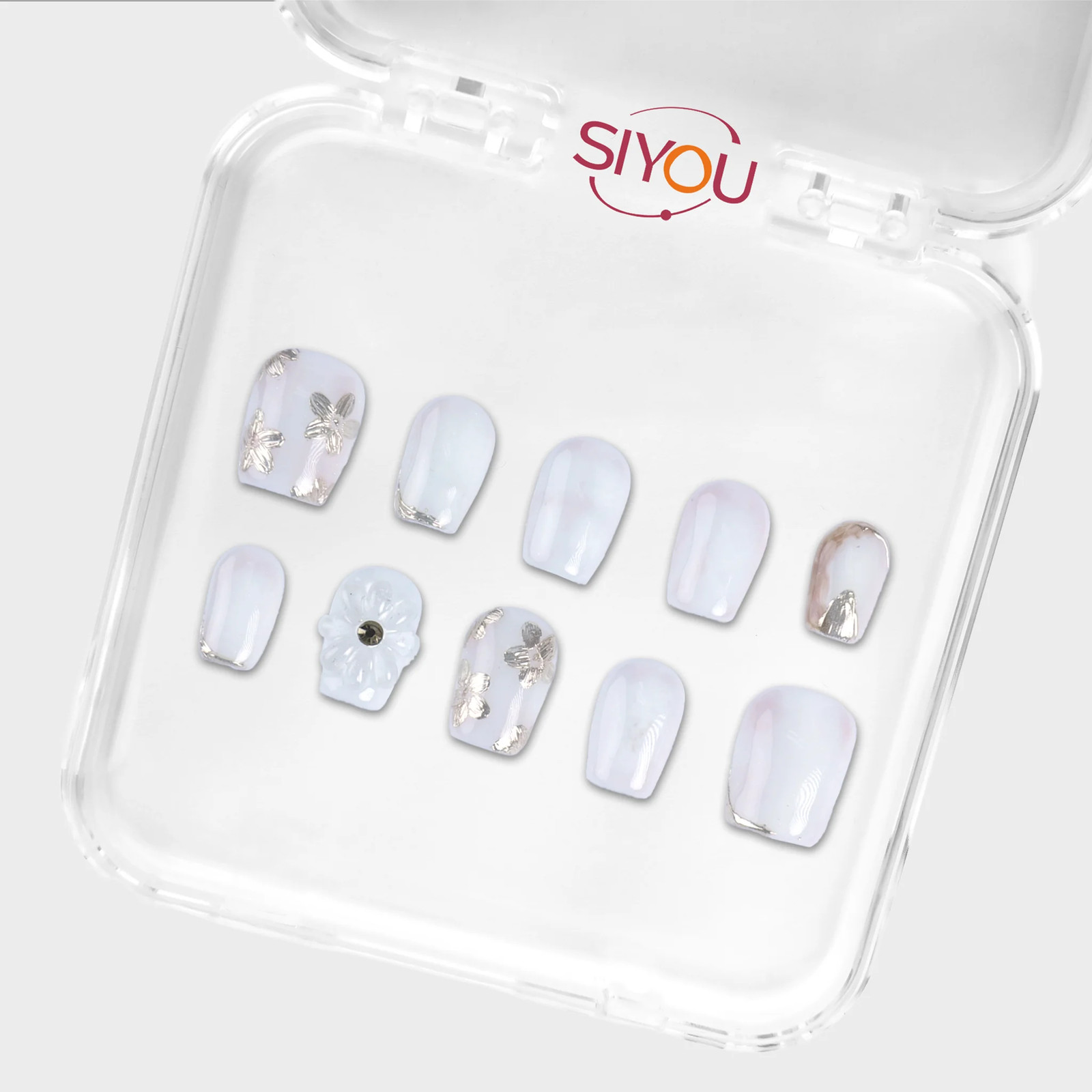 SIYOU Silver Blossom Short Coffin 3D Floral Pearl Butterfly Press-On Nails 10pc