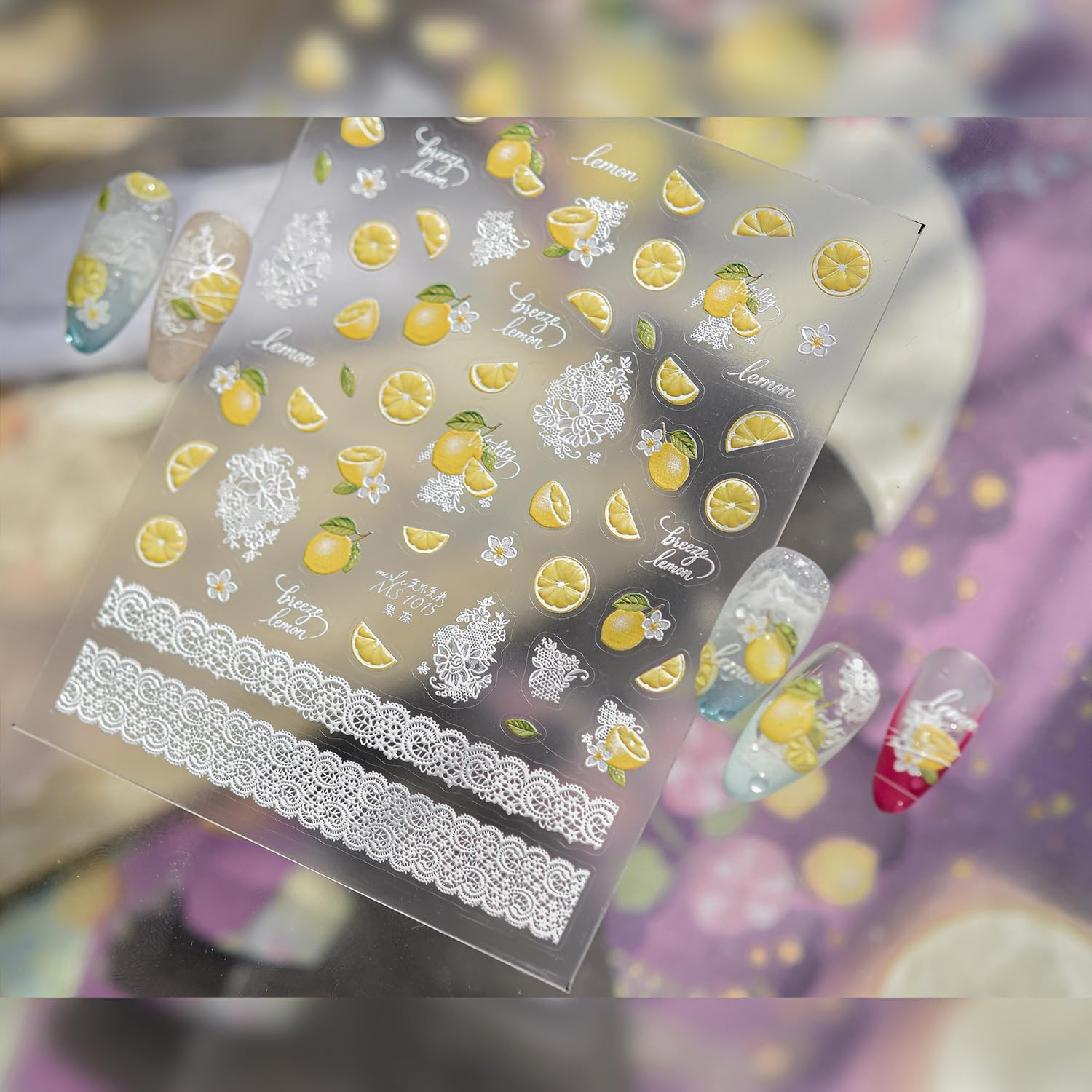 1Pcs Lemon Nail Stickers 5D Embossed Fresh Fruits Nail Decal White Lace Nail Des