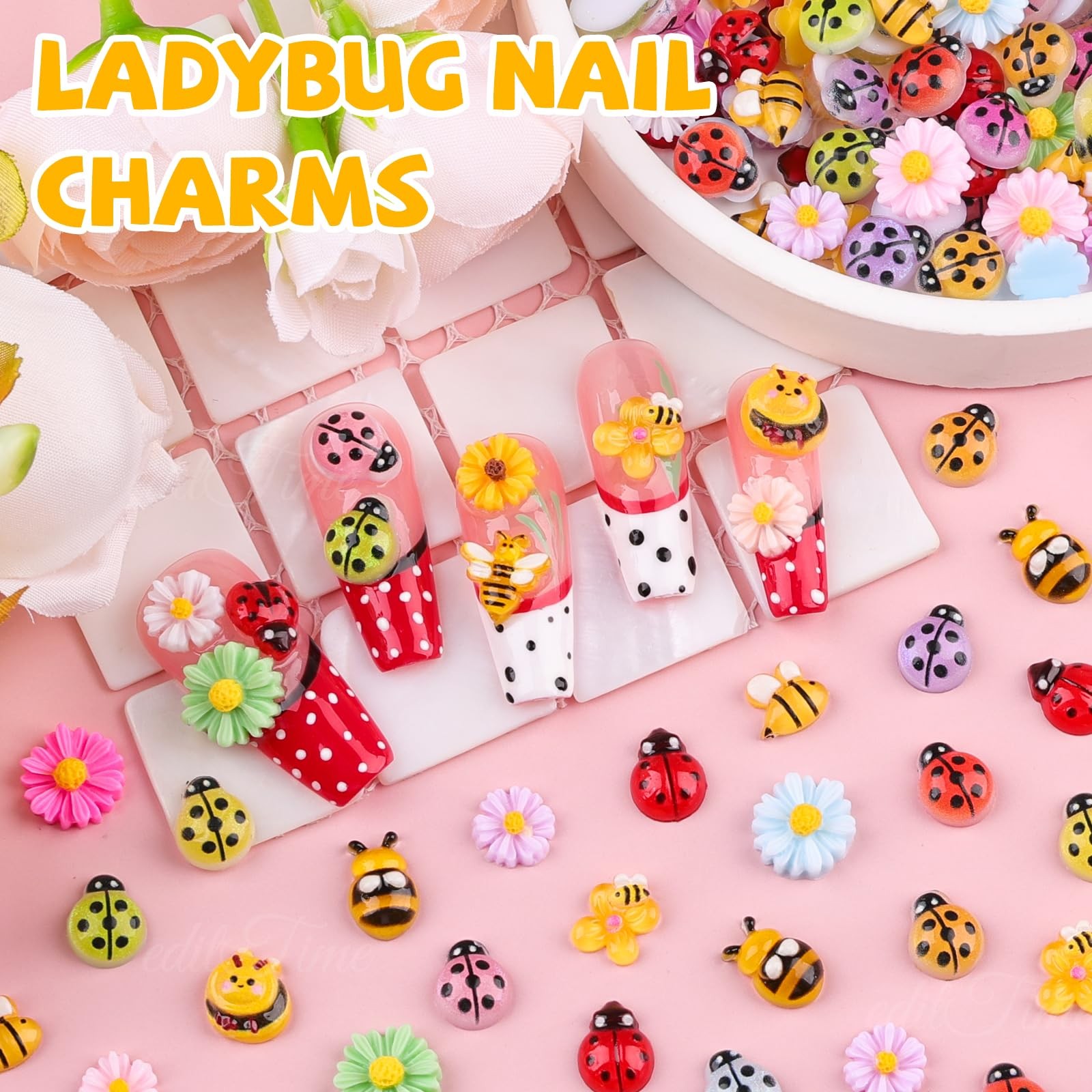 250Pcs Ladybug Nail Charms, Tiny Bee Nail Art Charms Resin Cartoon Daisy Flow…