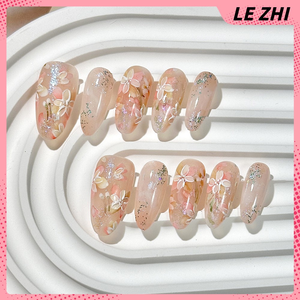 10Pcs Handmade Press on Nails Cat Eyes Flowers Square Ellipse Pearl Diamond