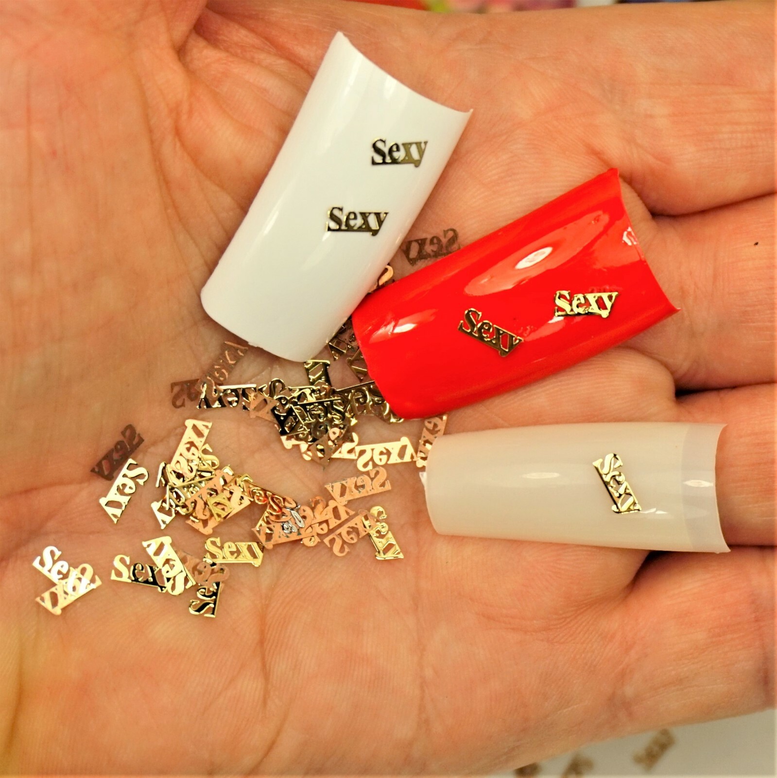 25 GOLD METAL “SEXY” NAIL CHARMS NAIL DECALS SMALL GIFT IN BOX FOR WOMEN