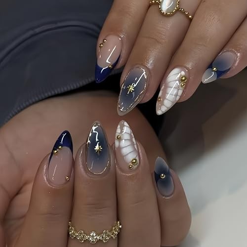 24Pcs Ombre Blue Press on Nails Medium Almond Fake Nails with Rhinestones