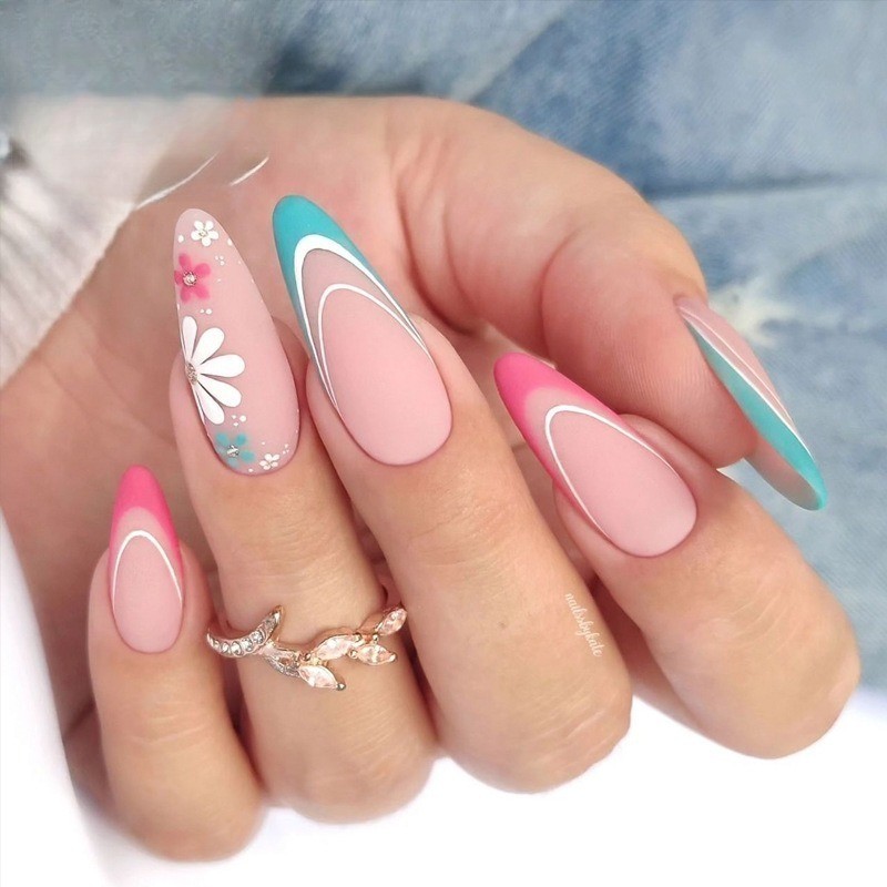 Long Almond Nude Nails Press on With Pink/Turquoise Tips & Daisy Flower Design