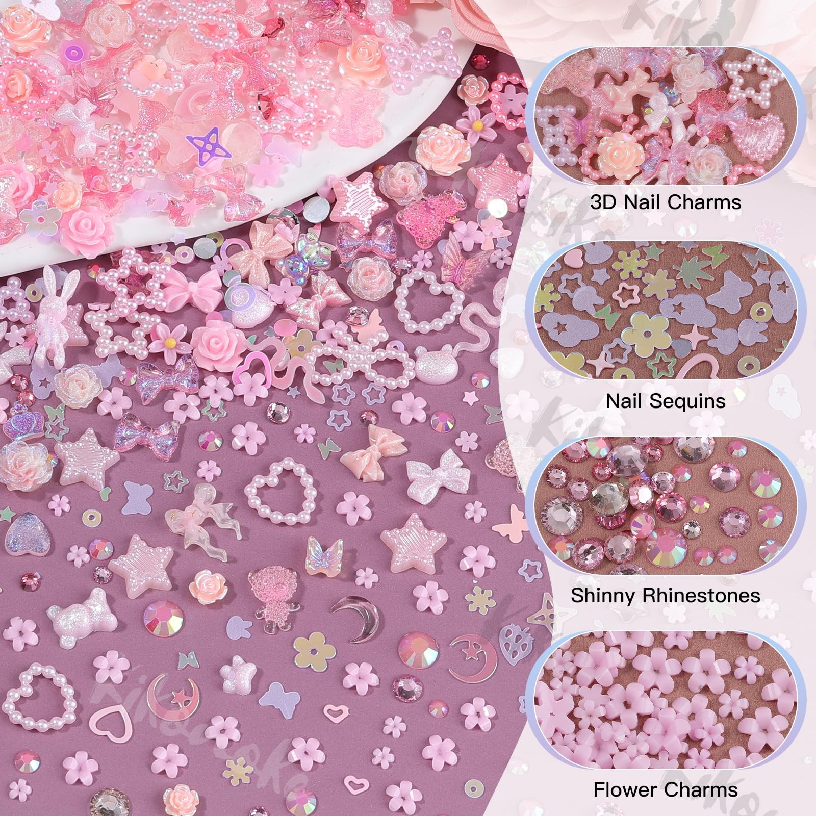 400Pcs Pink Nail Charms Kit, 3D Nail Gems and Rhinestones Flatback Pearls Mix…
