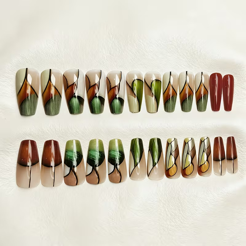 24 Colorful Press On Nails, Geometric Pattern, Glossy, Long, Ballet style