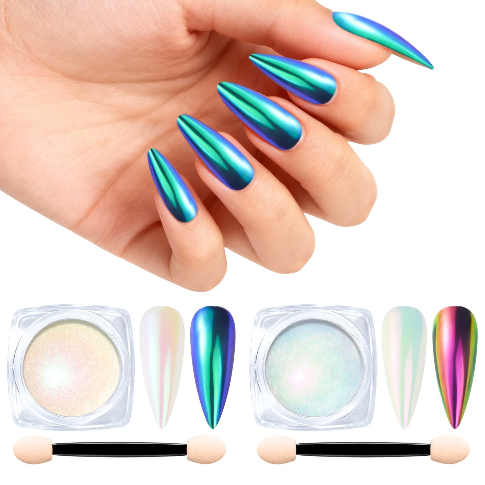 Chrome Nail Powder Kit – 2 Jar Mirror Effect Metallic Holographic Aurora Merm…