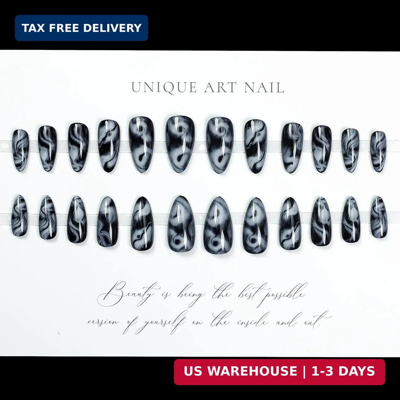 LPOODDNU Almond Press on Nails – Medium Black Fake Nails with Marble Designs, Gl