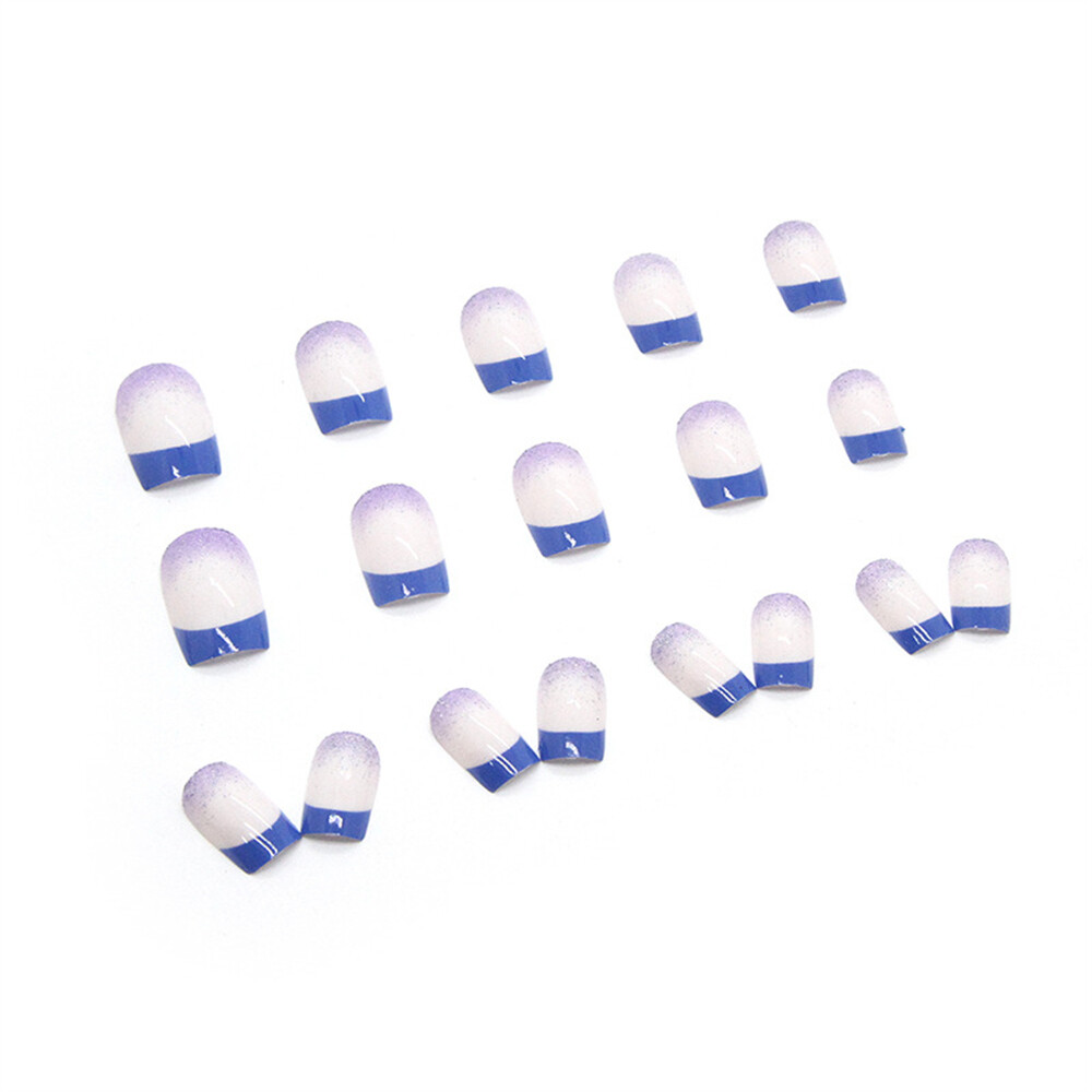 French Gradient Blue False Nail Short Square Press on Nails for Nail Art 24pcs