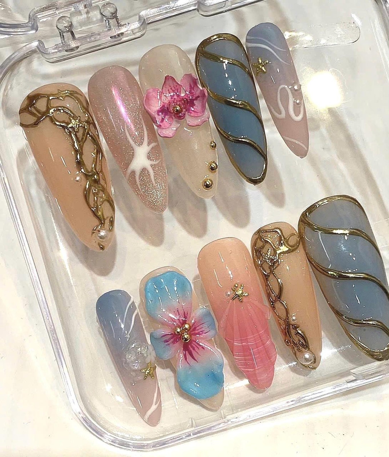 Handmade 3D Orchid Gold Line Starfish Medium Almond Press on Nails Art Set