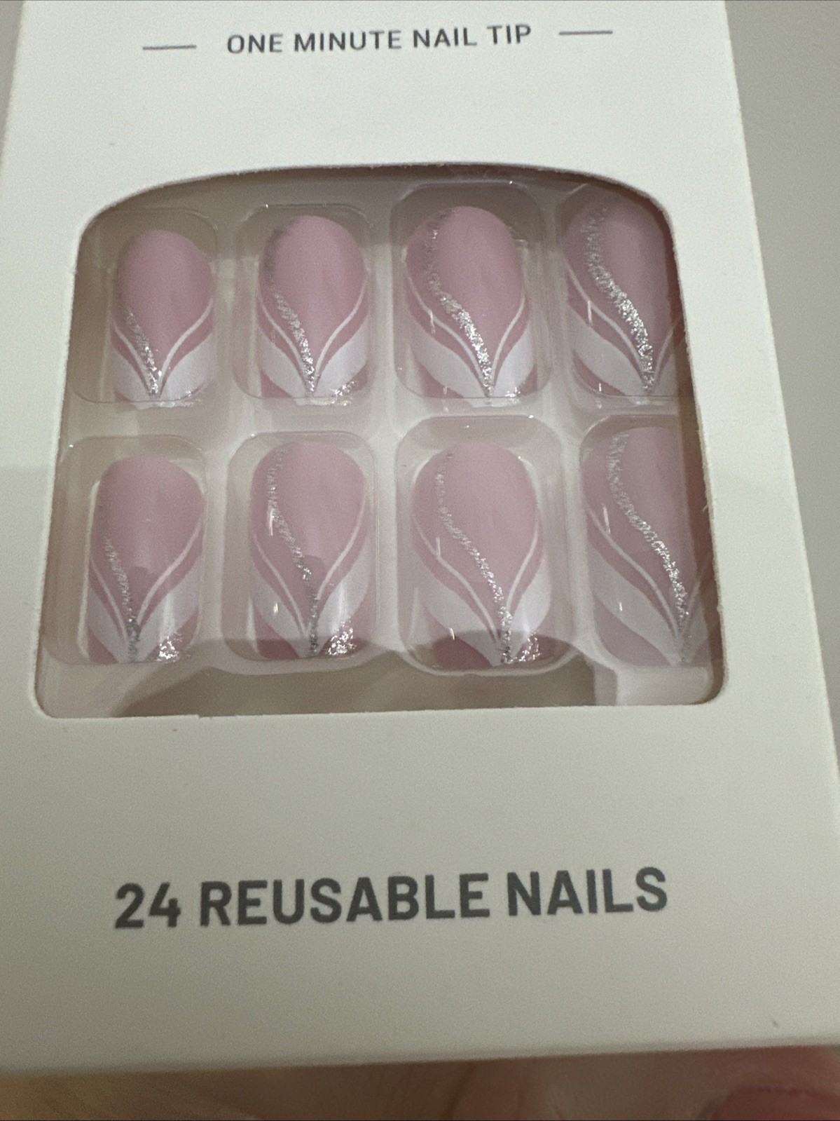 24 Reusable Press On Nails Pink White Silver Swirl Glitter Short Square Nail Set