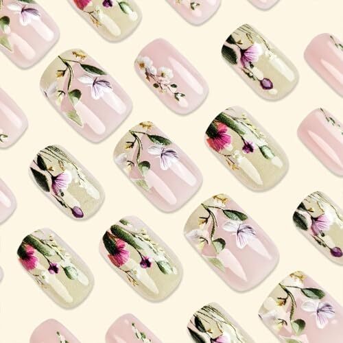 Square Press on Nails Short False Nails with Floral Leaf Design French Tip