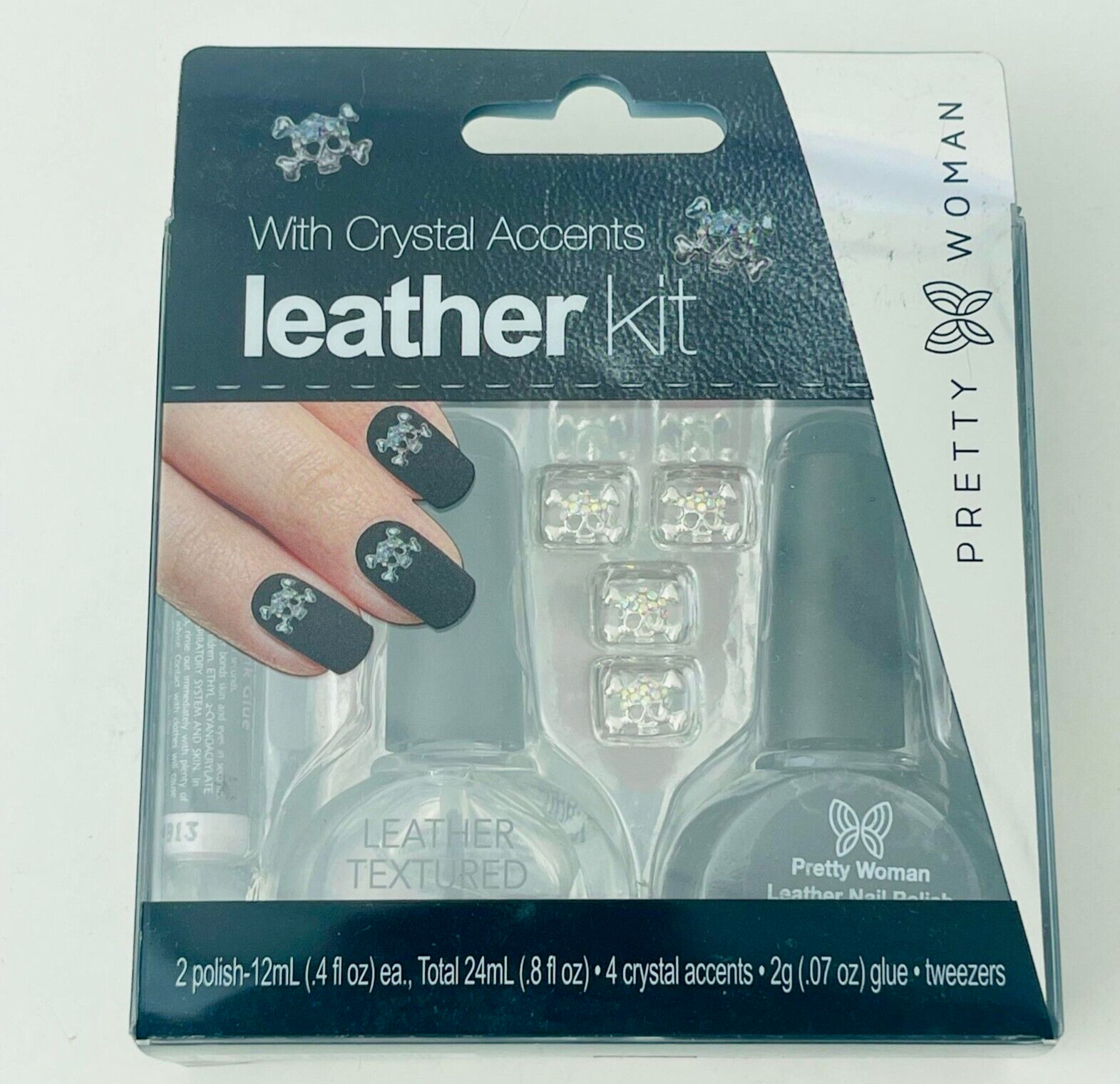 Pretty Woman Nail Leather Kit 2Polish 12ml, 2g Glue & Tweezers,4Crystal Accents
