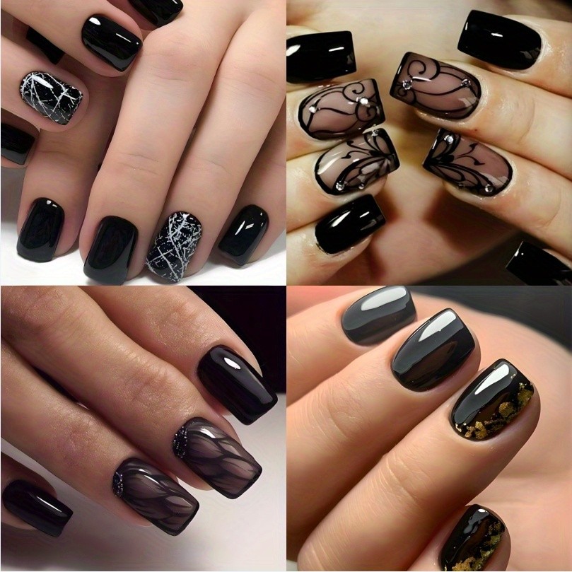 96pcs Sleek Black Press On Nails Crackle Elegant Long Fake Nails for Cool Style