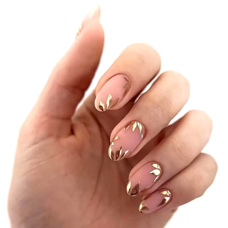 24pcs Medium Almond Press On Nails Golden Leaf Fake Nails Full Cover Women Girl