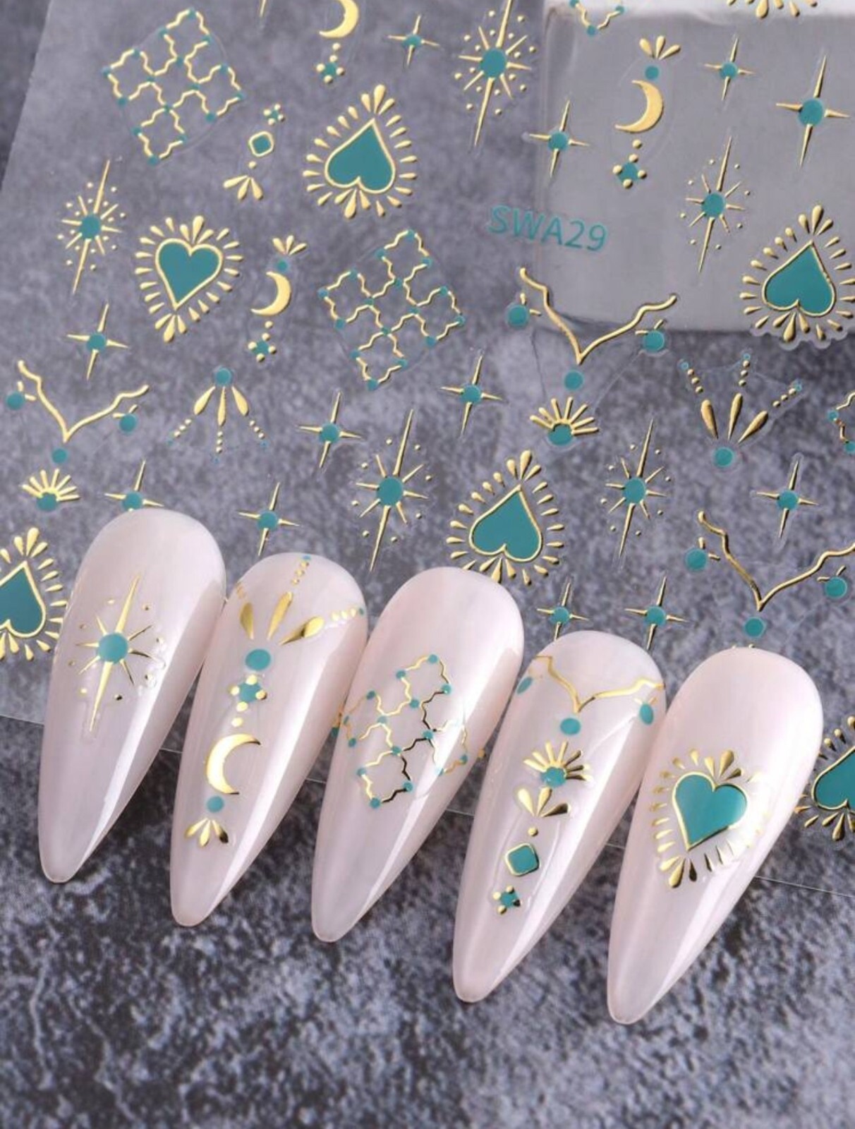 Nail Art Stickers Metallic Gold Silver Turquoise Heart Star Moon SWA29