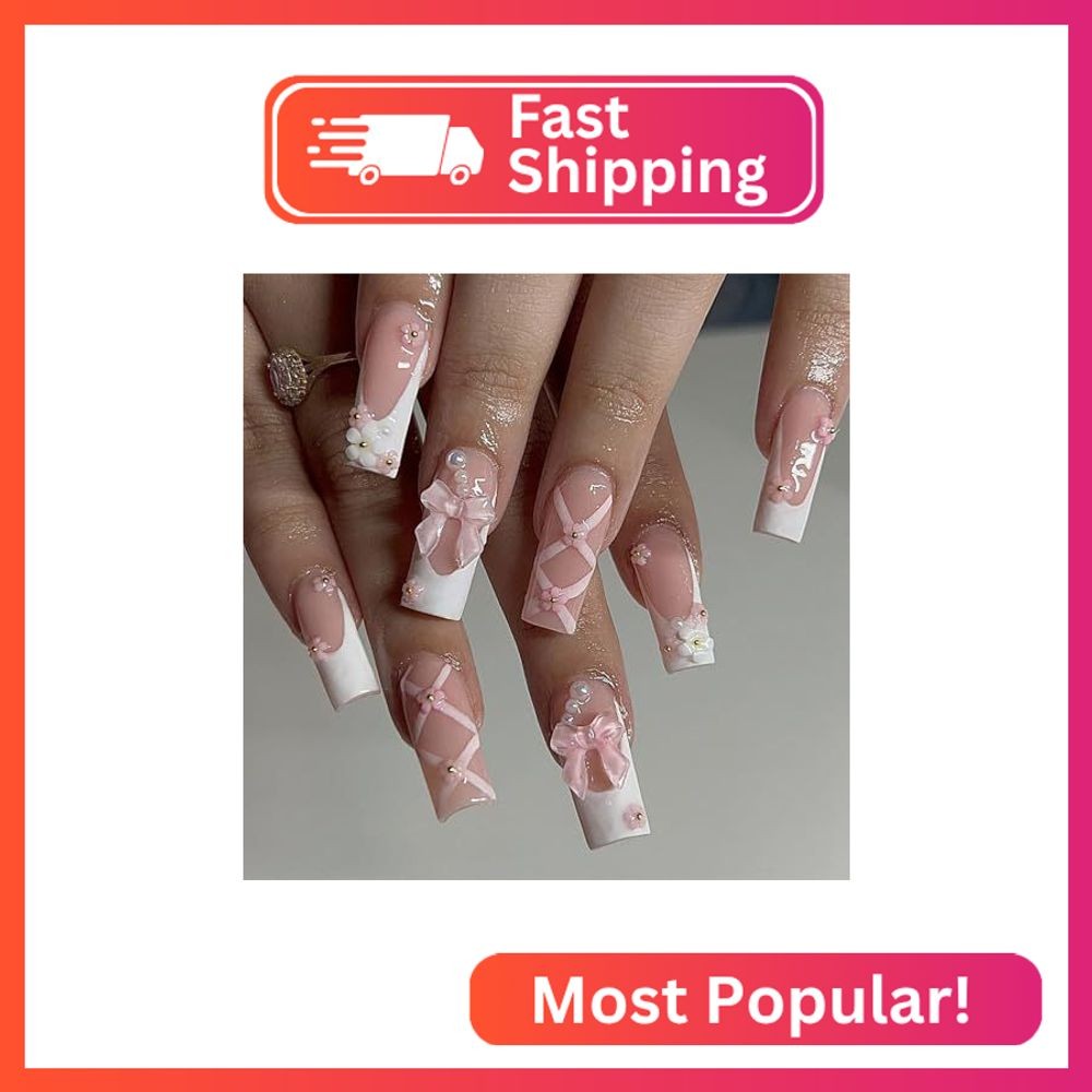 Pink Press on Nails Medium Long Square Rhinestone Pink Fake Nails Bling Glossy 3