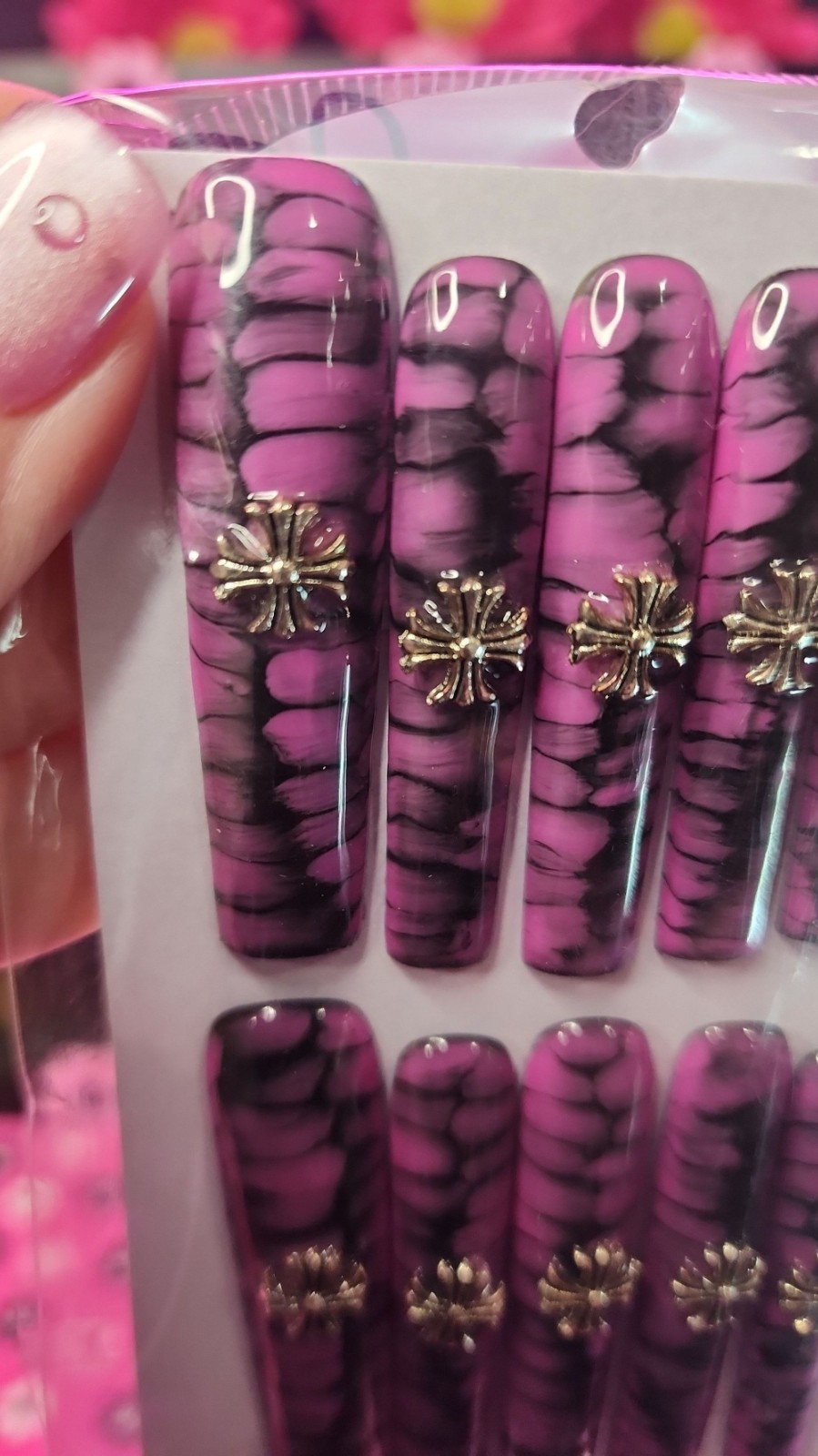 Medium Size Super Long Pink Wild Cross Square Press-on Nail Set