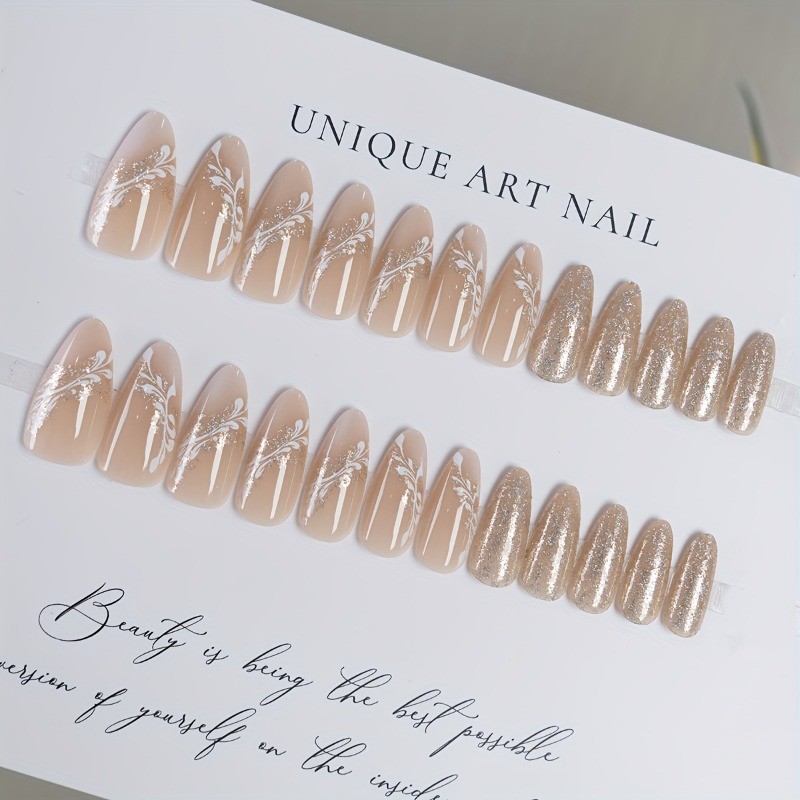 48pcs Nude & Rose Gold Press on Nails Almond Shape with White Floral Accents