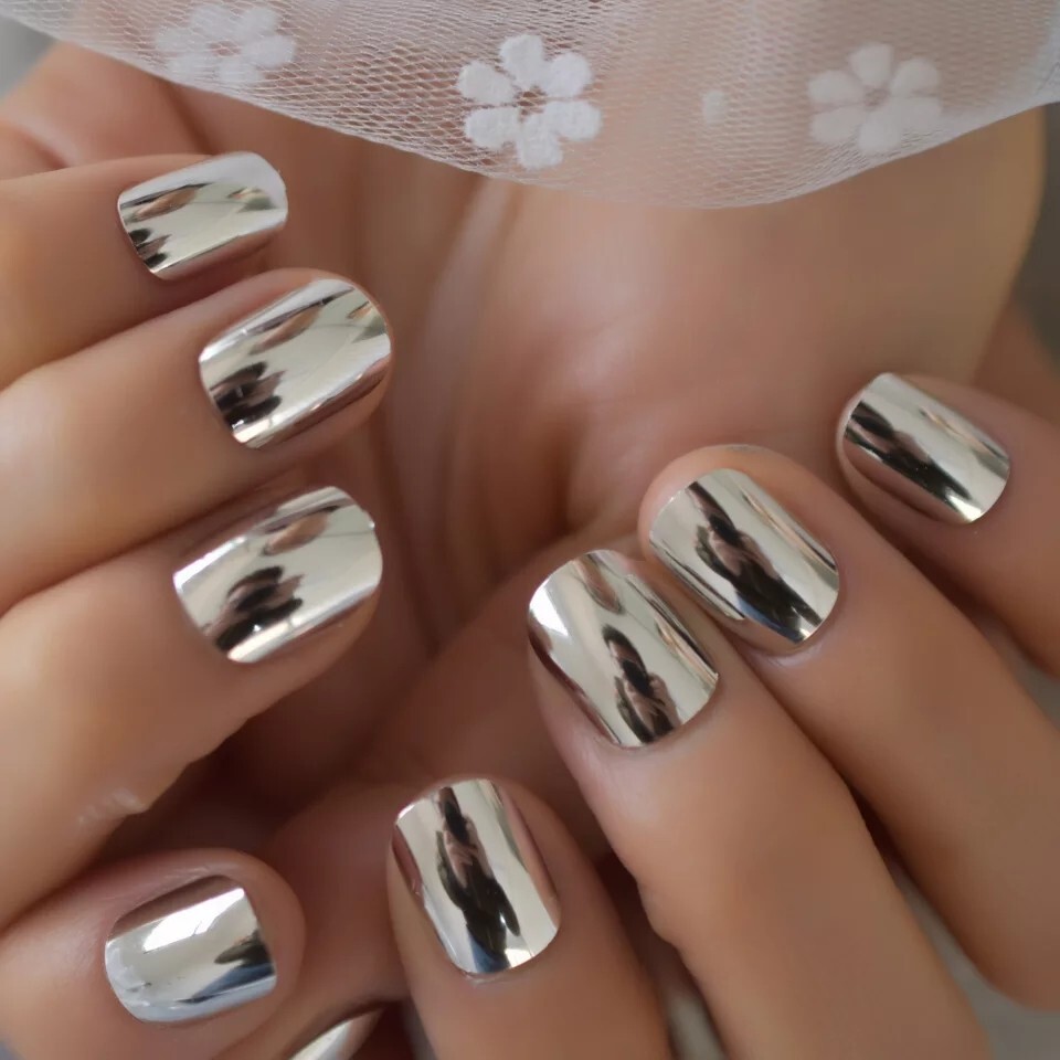 24 Short Silver Chrome Press On Nails Mirror metallic GLUE ON kit reflective