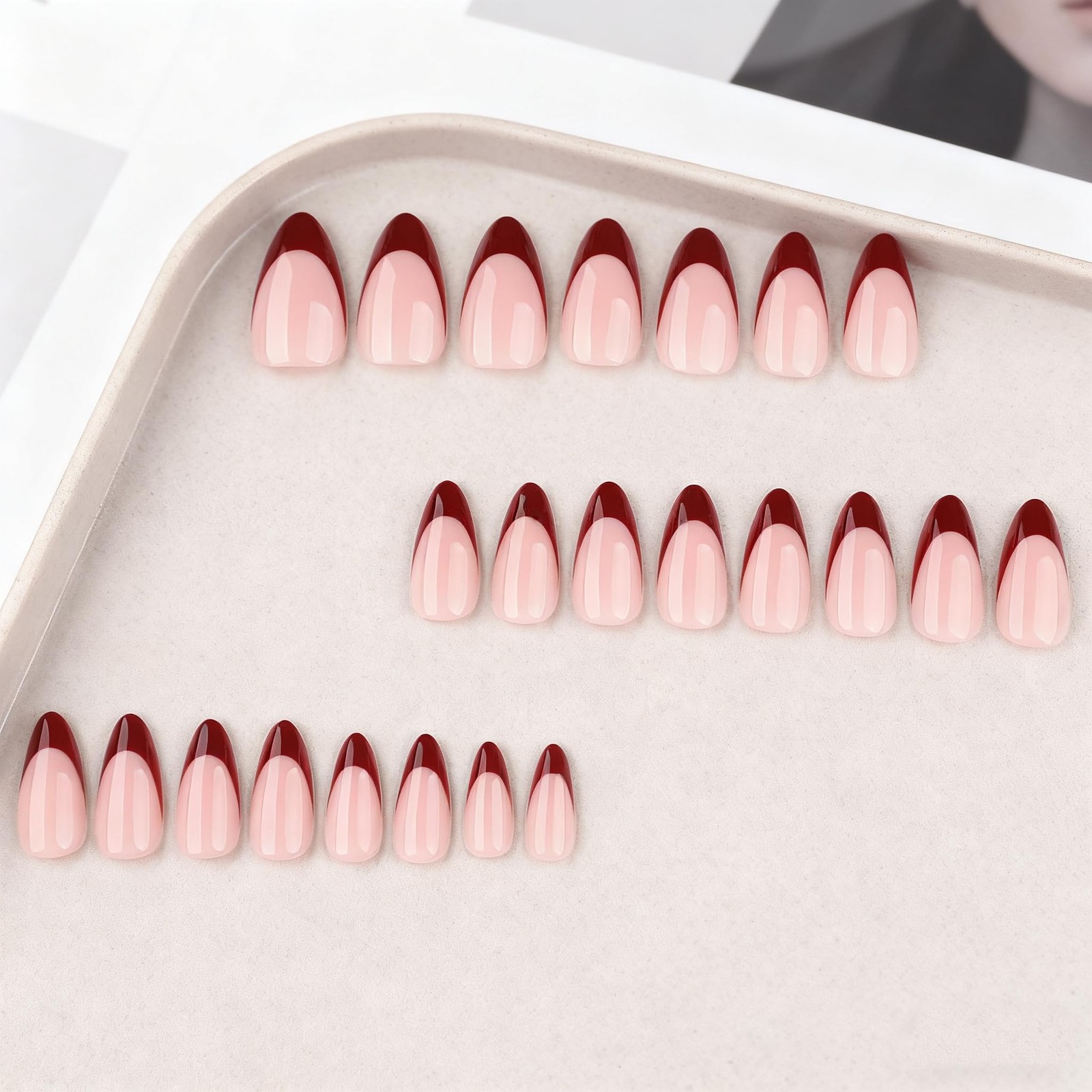 SXVME Dark Burgundy Red French Tip Press on Nails Almond Shape, Acrylic Fake …