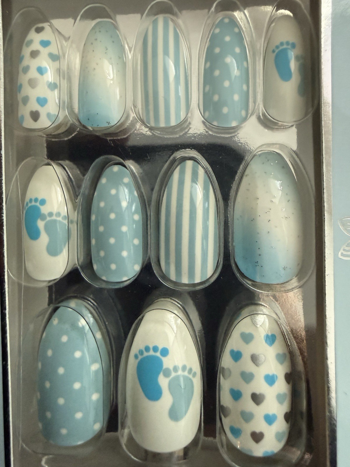24 Faux Nails, It’s A Boy, Pretty Woman, Press On Glue Included. NEW Two Sets