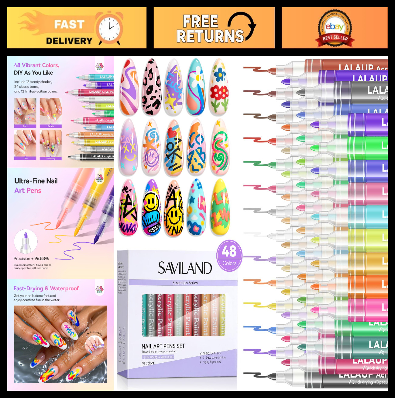 48 Colors Nail Art Pens Set – Quick-Drying 3D Acrylic Paint Markers for DIY & Sa