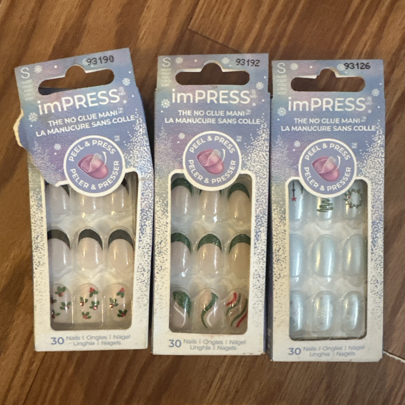 (3 LOT) KISS imPRESS 30 Nails Peel & Press Short Frosty Blue Snowflake & Others