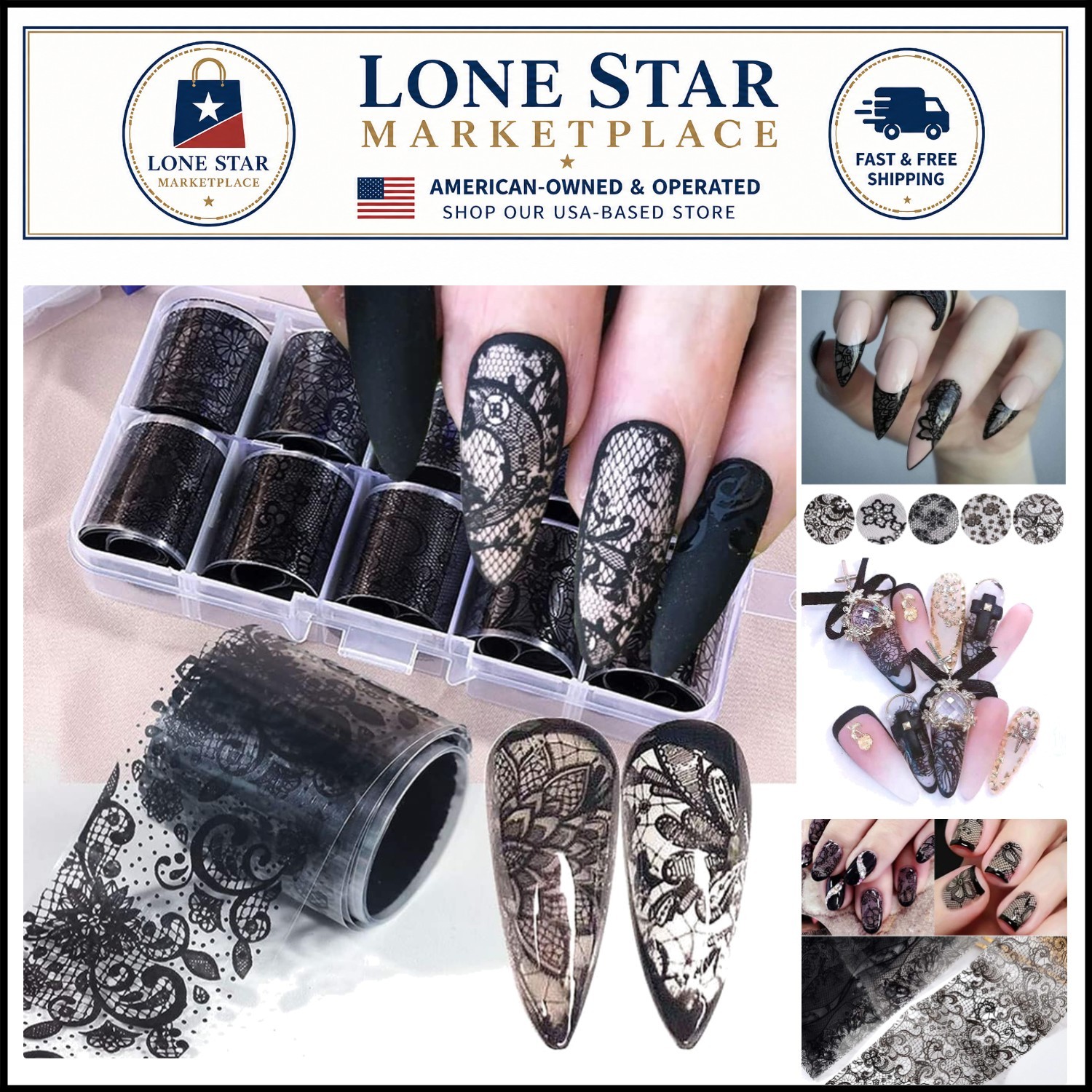 Eco-Friendly 10-Pack Black Lace Nail Foil Transfer Stickers for Creative Nails