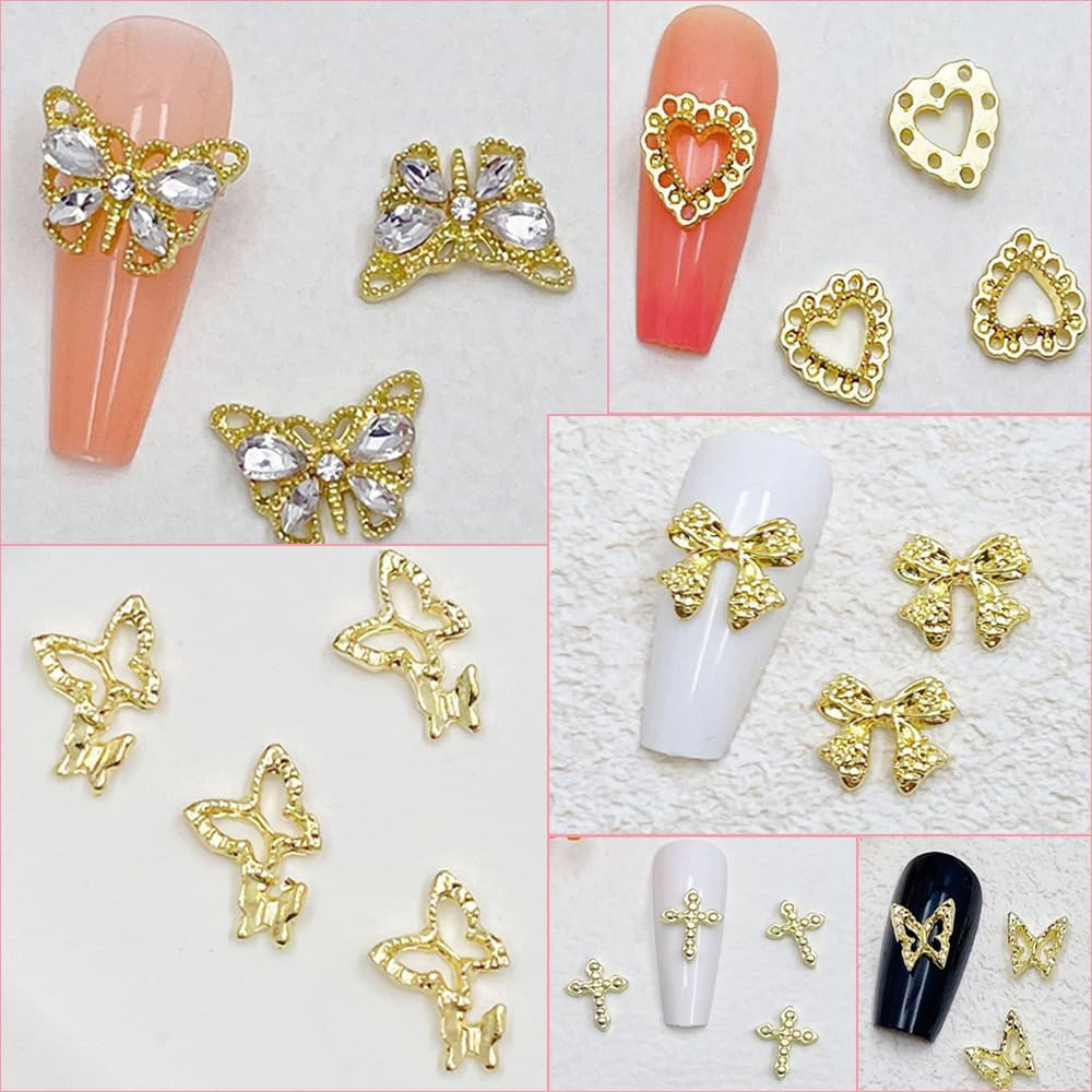 106 PCS Gold Nail Charms 3D Nail Art Charms Cherry Butterfly Cross Bow Star Hear