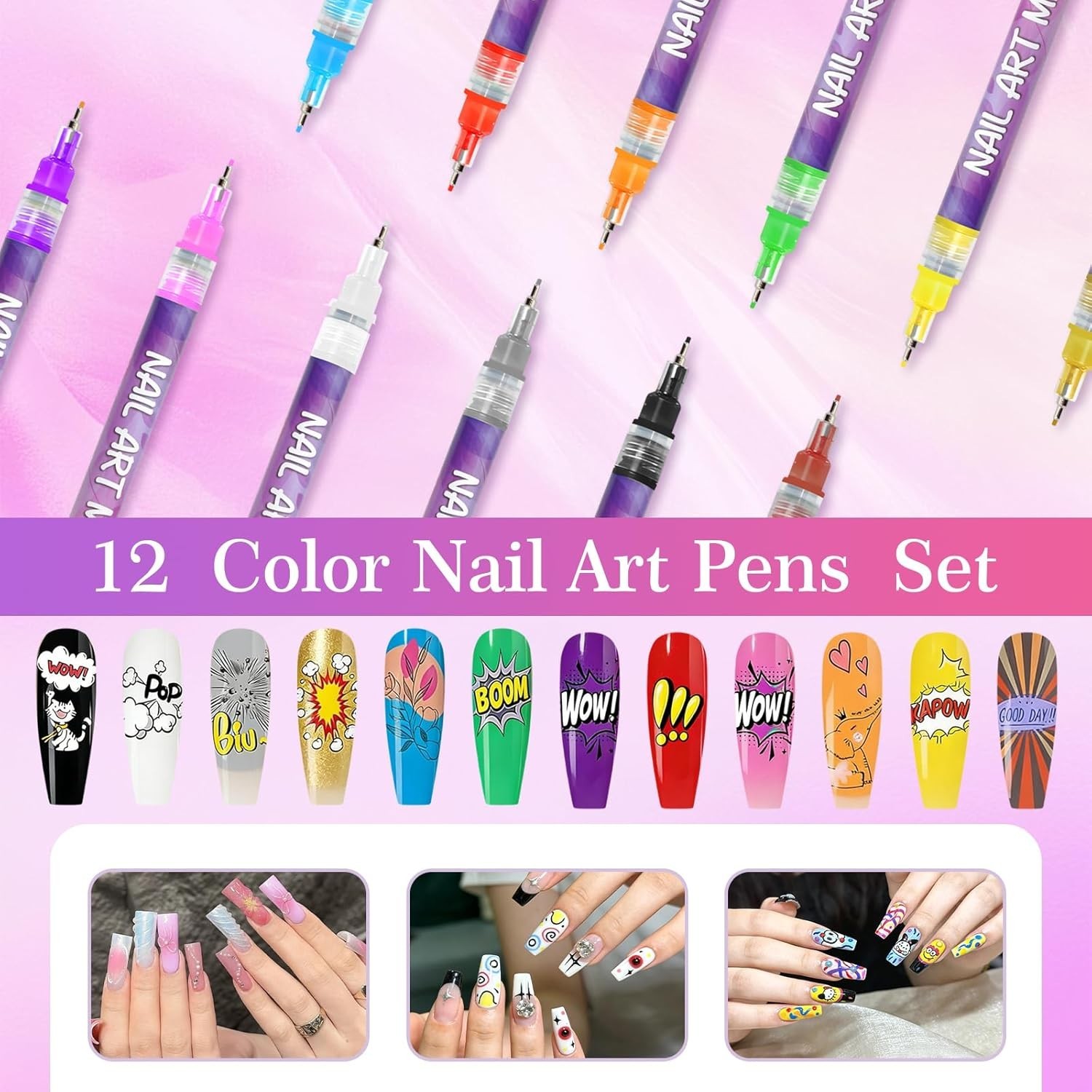 12 Colors Nail Art Marker Pens Set, Nail Markers for Nail Art, Suitable for N…