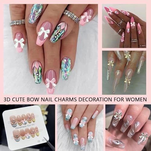 Gold Bow Nail Charms Kit, Cute Pink Flowers Bows 3D Nail Charms for Nails 01