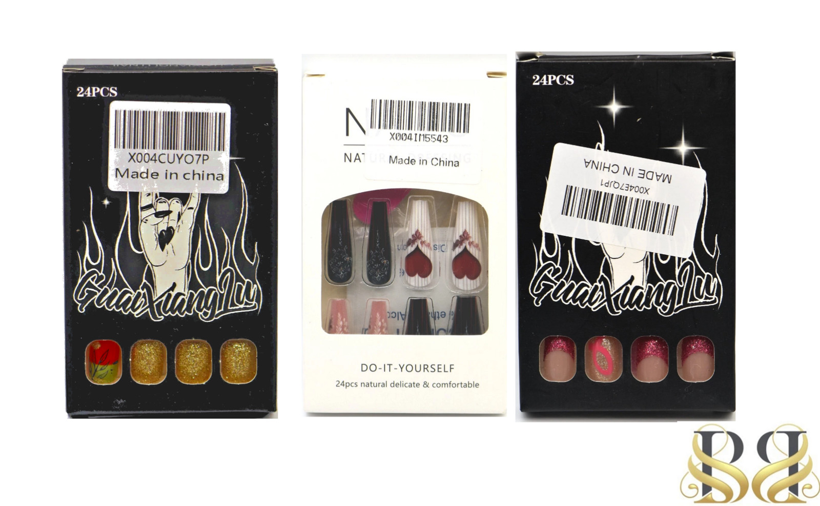 Set of GualXiangLu Glitter,Red Heart Rose,GualXiangLu French Tips Press-On Nail