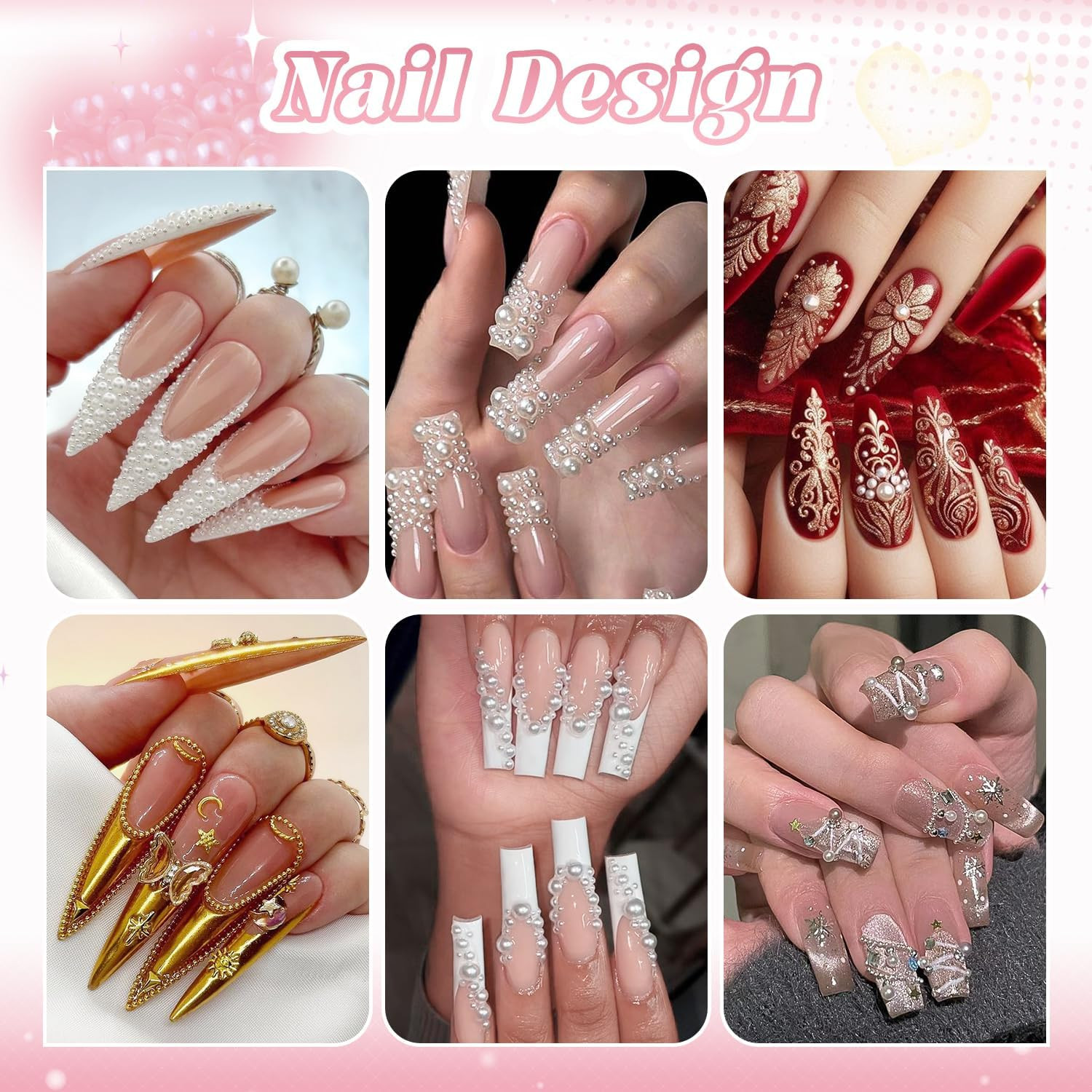 2 Boxes Flatback Pearls (White+Beige) and Silver+Gold Nail Beads for Nail Art wi