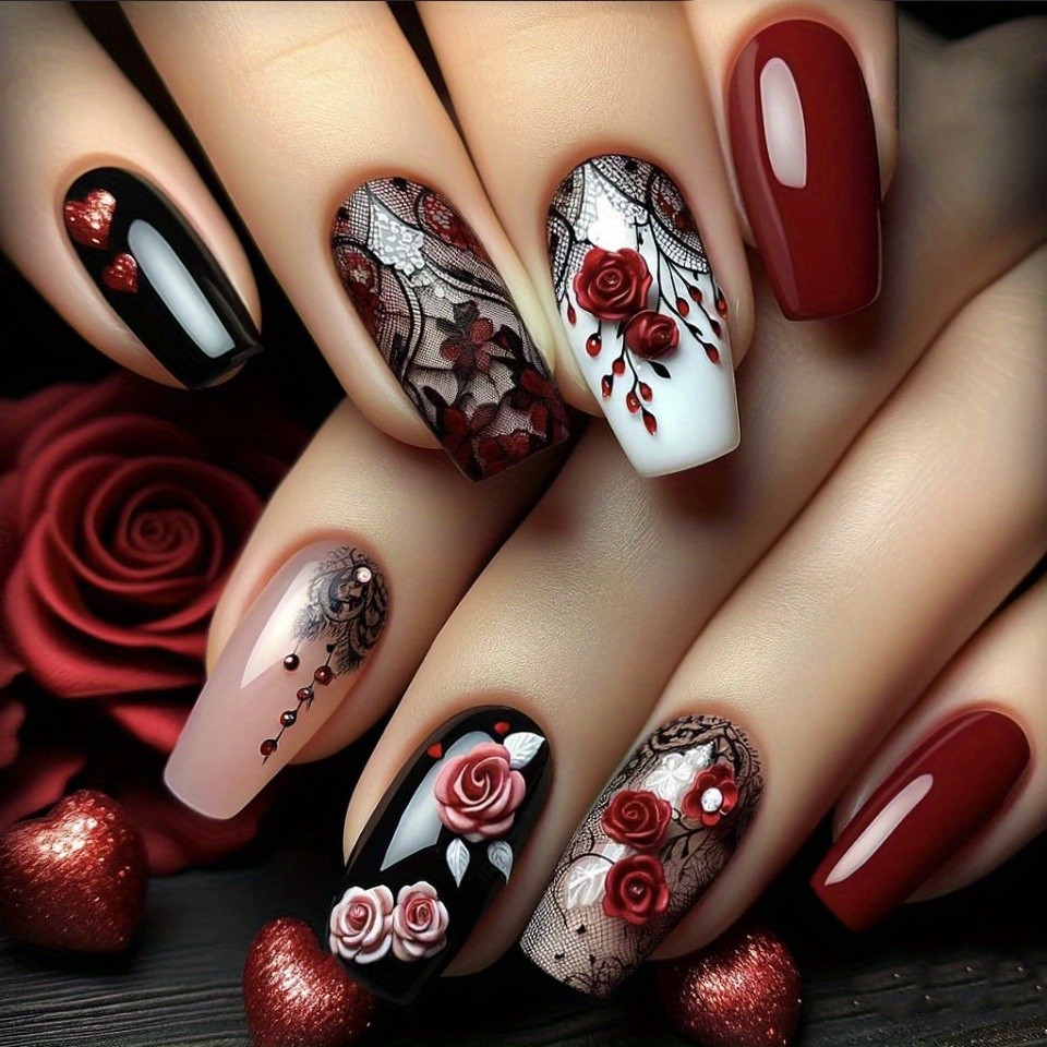 96PCS(4Pack) Rose Floral Press-On Nails Elegant Romantic Wearable Nails Art