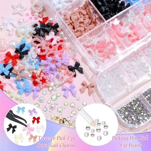 Bow Nail Charms and Flatback Pearls Gems Set 01 – 2 Boxes Nail Art Decos