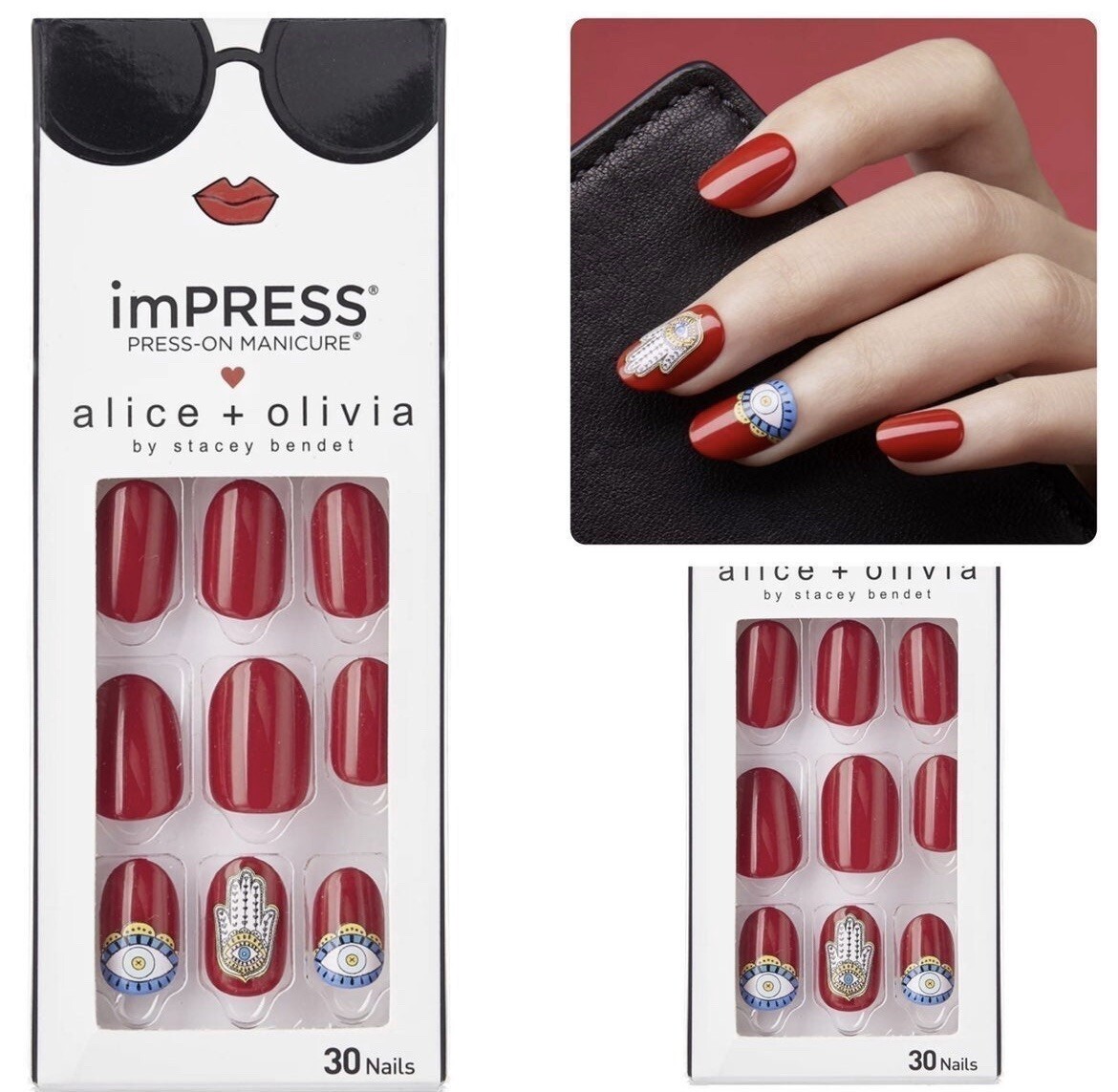Rare Kiss ImPress Press On Short Red Alice + Olivia Hamsa Evil Eye Nails x1 🪬