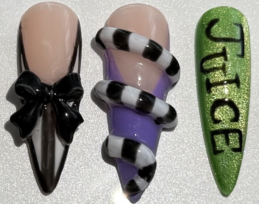 Custom Hand Painted Halloween Stilleto BeetleJuice Cateye Press On Nails 10Pc