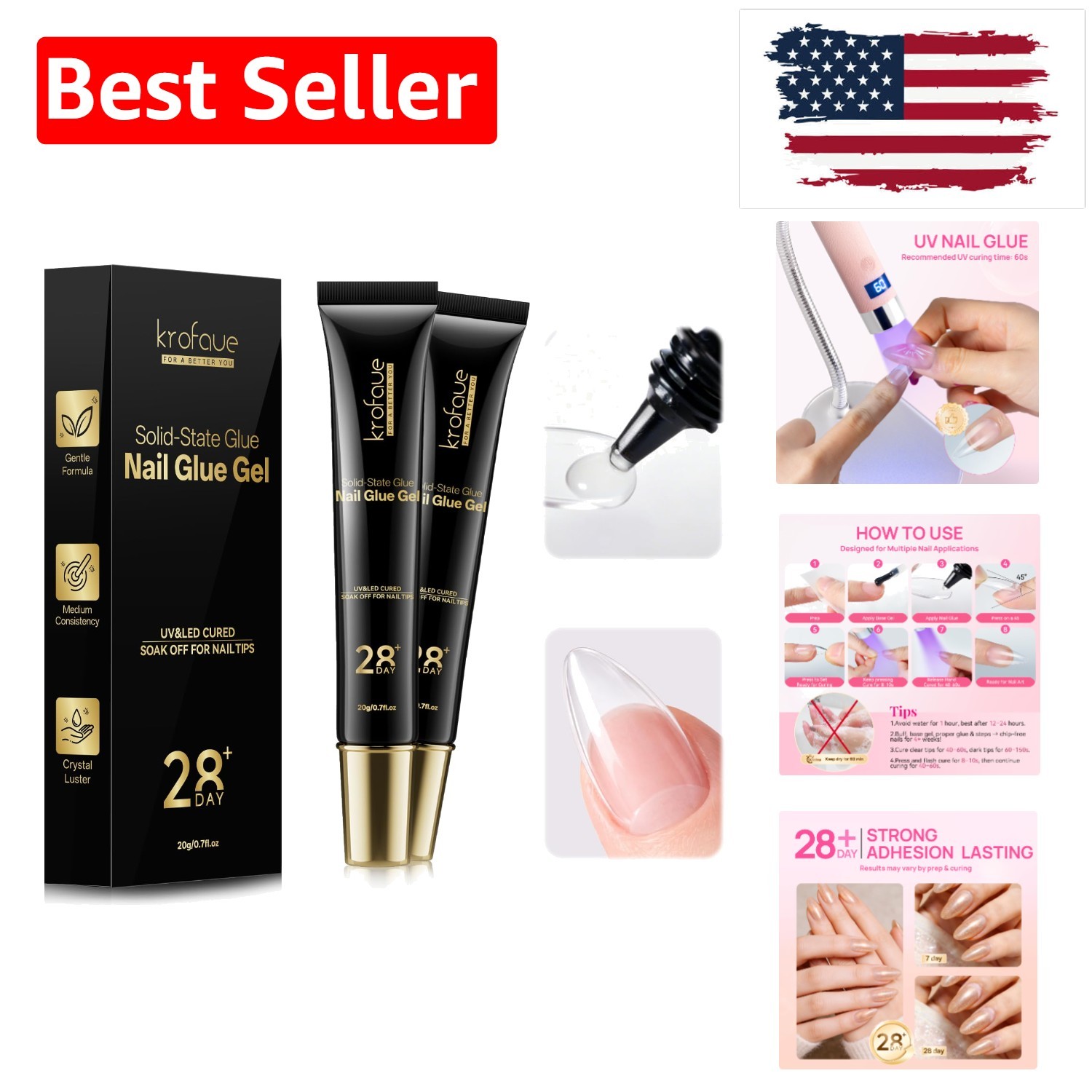Solid Nail Glue Gel, Press on Nail Glue 2 x 20g Each 40g Total, Need UV LED L…