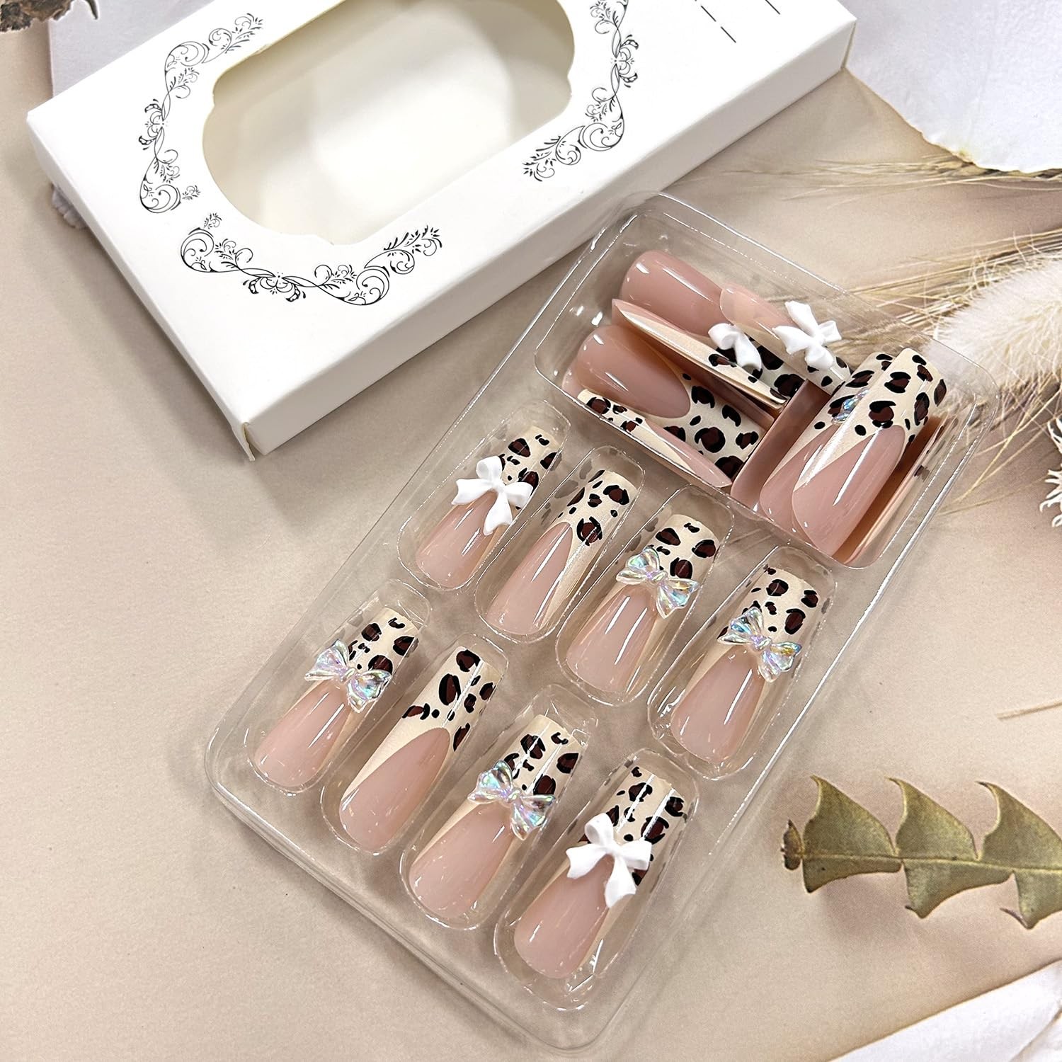 Leopard French Press on Nails Long Length Bow Tie False Nails Full Cover Coff…