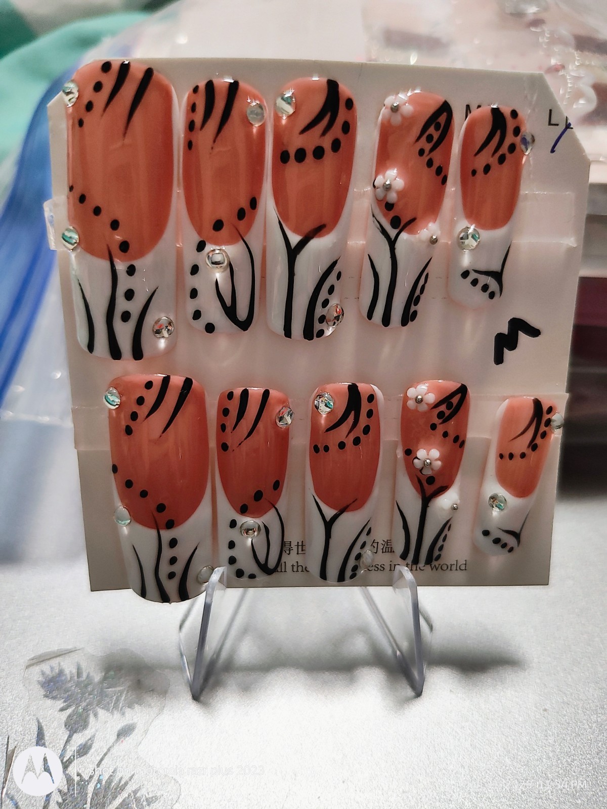Medium Square Peach White Black 3D Floral Rhinestone Press-On Nails Full Cover
