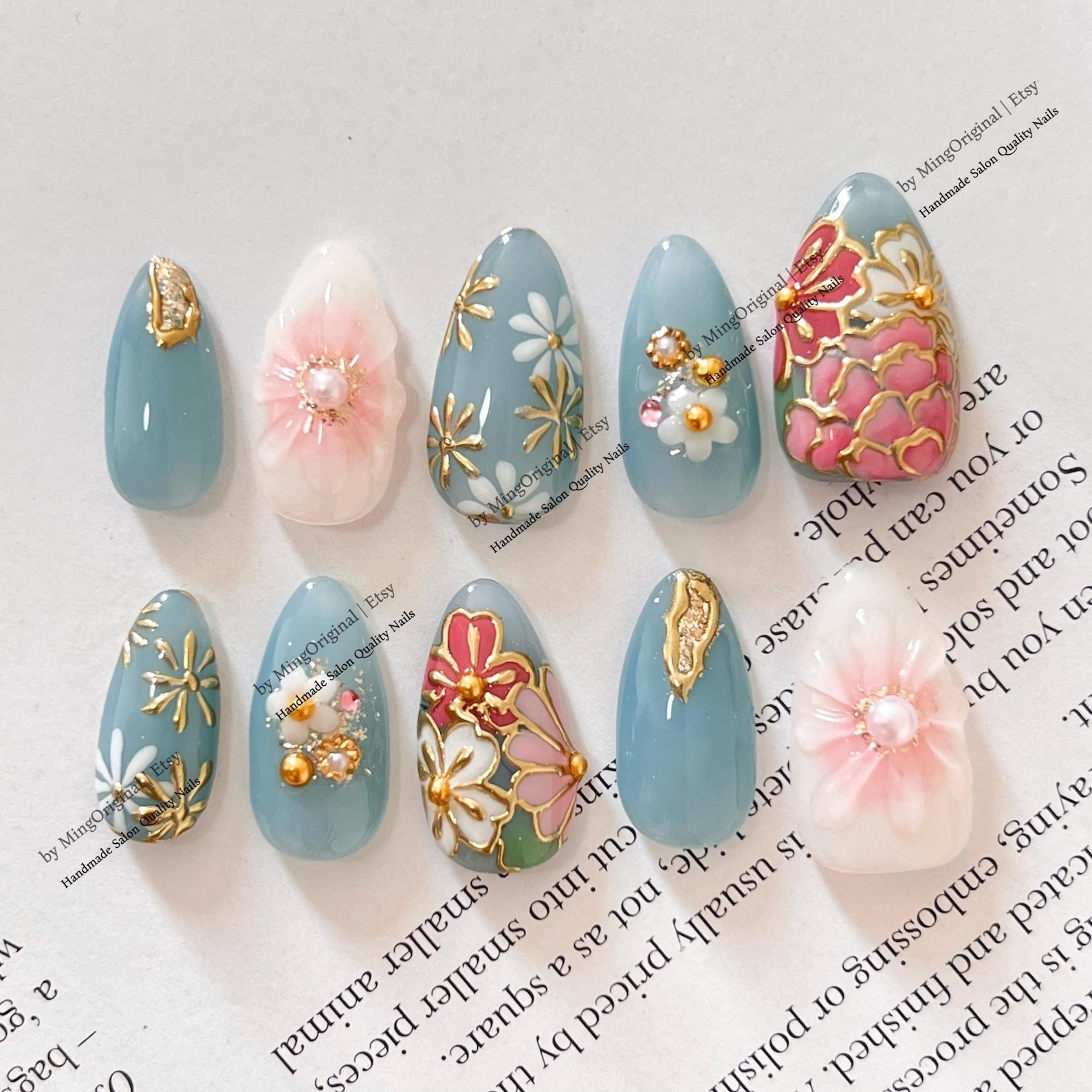 Handmade 3D Daisy Peony Floral Gold Wire Pearl Medium Almond Press on Nails