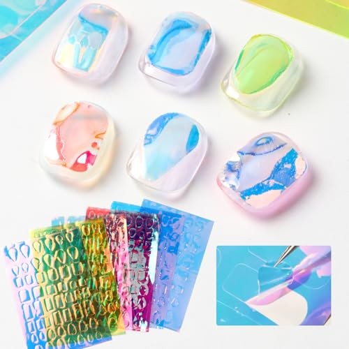 6PCS Aurora Glass Nail Foil Sheets Laser Nail Stickers 3D Reflective Mirror