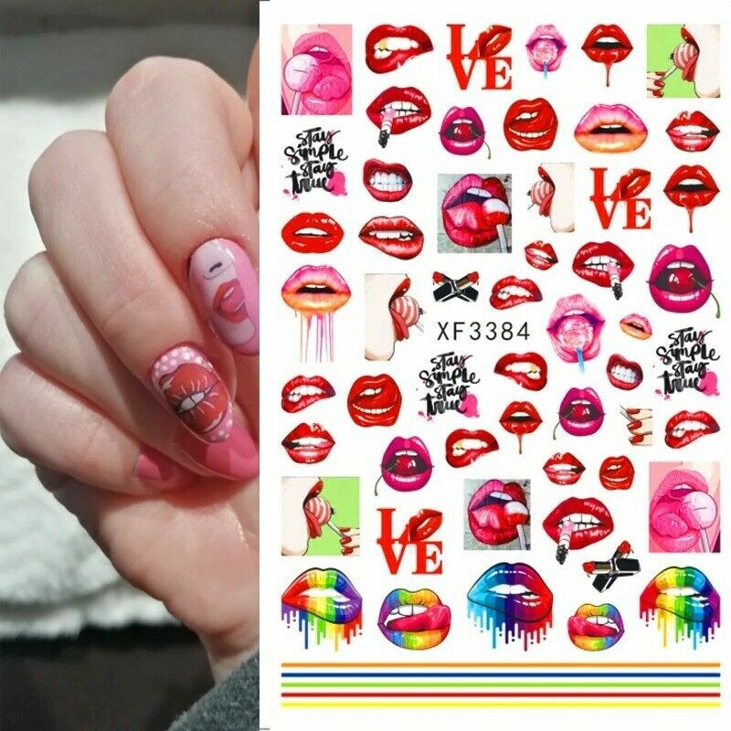 Nail Art 3D Decal Stickers Sexy Red Lips Tongue Lollipop Rose Heart Rainbow NH10