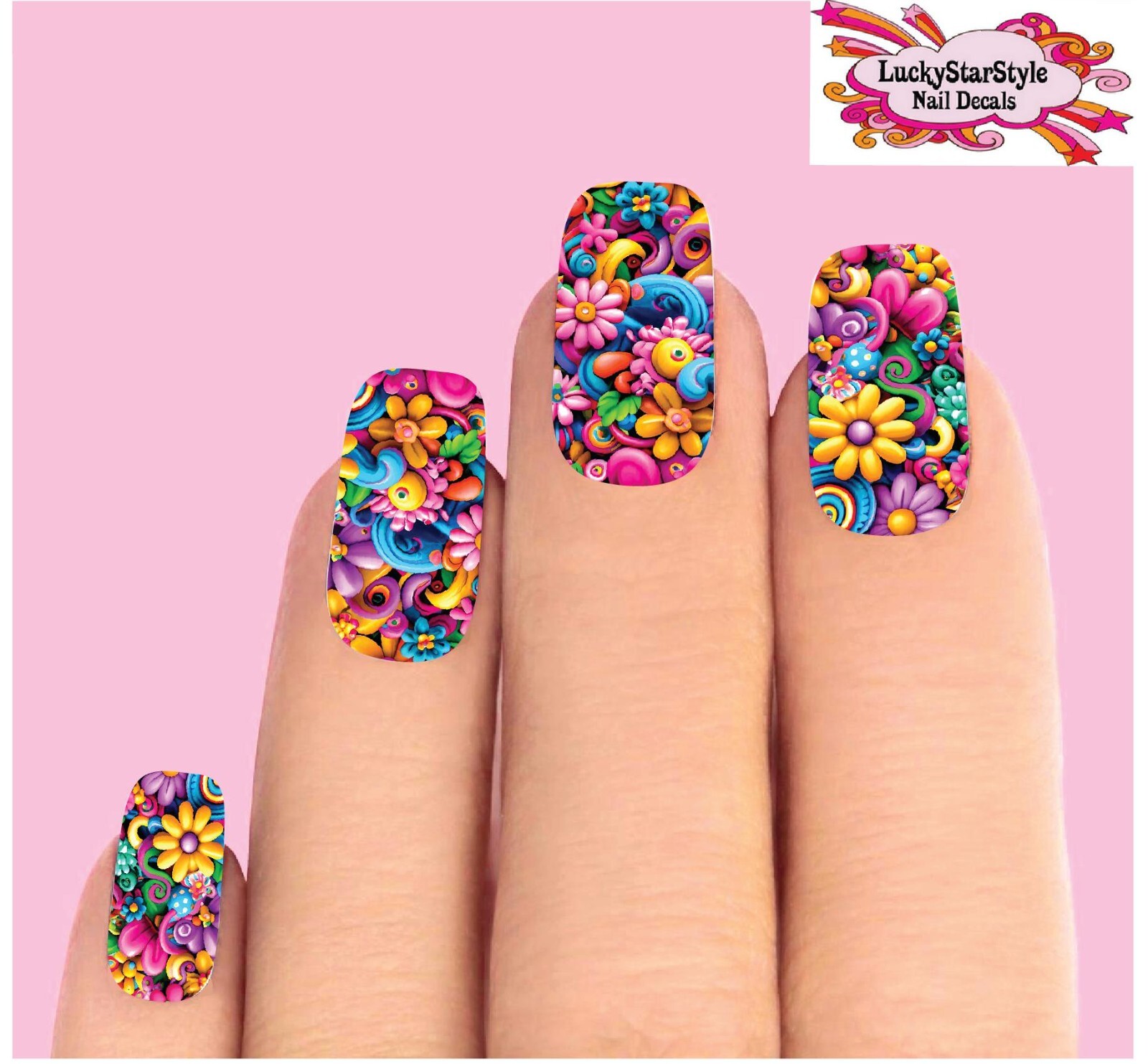 Waterslide Full Nail Decals Set of 10 – Colorful Cartoon Flowers