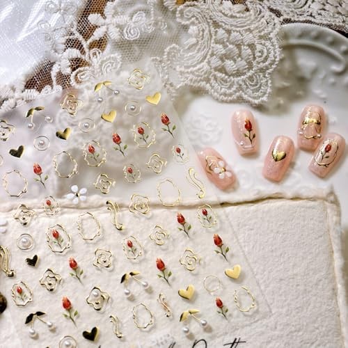 Gold Nail Stickers Flower Nail Decals for Nails Art Tulip Nail Tulip Gold Heart