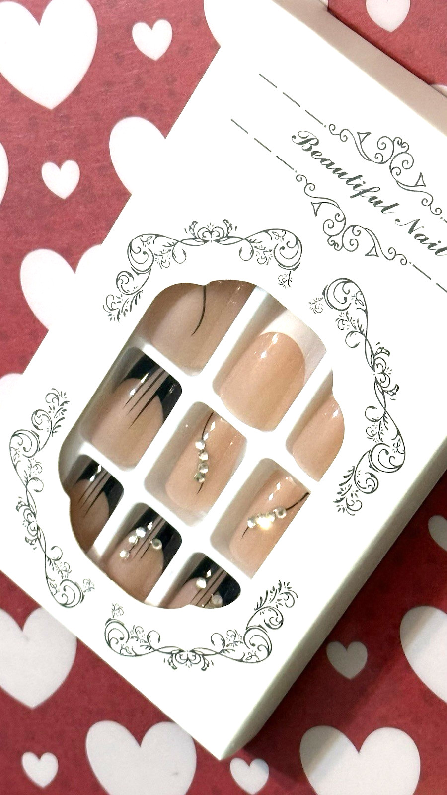 Beautiful Nail NUDE with BLACK & WHITE FRENCH with STONE DETAIL Press On Mani