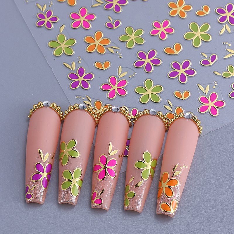 Pink White Daisy Nail Art Stickers Gold Swirl Line Small Wildflower Black Leave