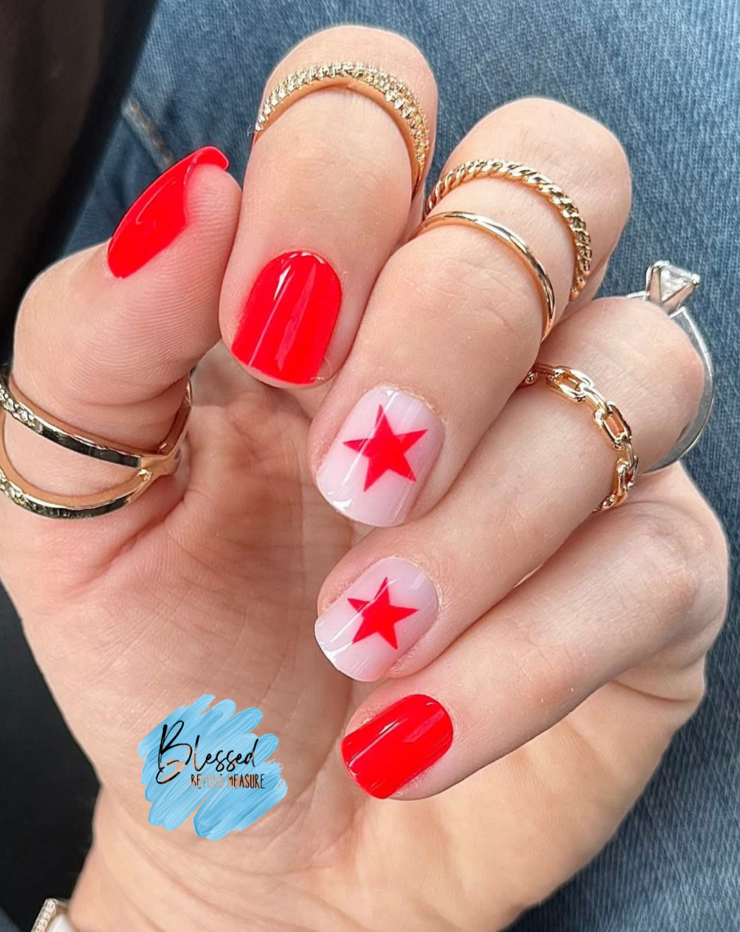 Red Aspen Press On Nails ~❤ All American Besties, Astrid~Red~Stars ~Short~Square